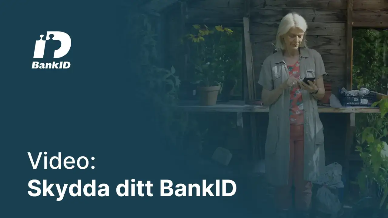Kvinna i v&auml;xthus anv&auml;nder mobil. Skydda dig mot bankid kapning.