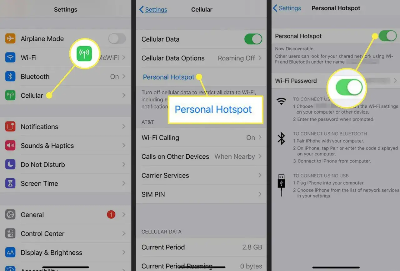 Inställningar på en iPhone visar hur man aktiverar en personlig hotspot för att dela internetanslutning.
