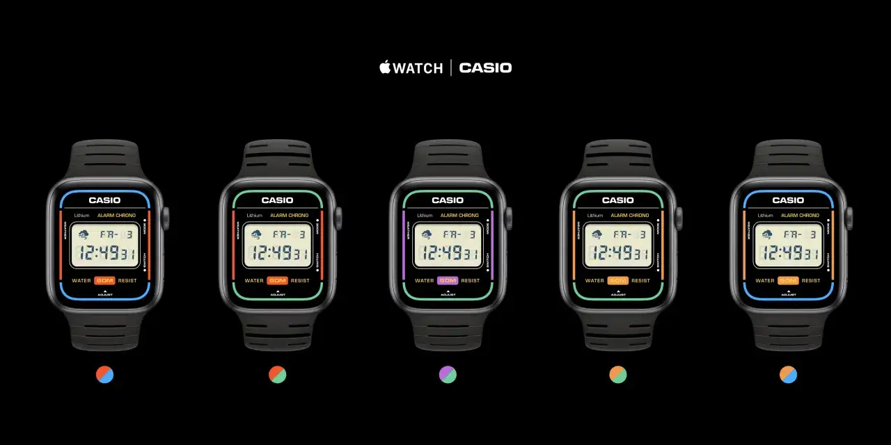 Snygga urtavlor för Apple Watch i Casio-stil, med olika färgaccenter som orange, grön och lila.