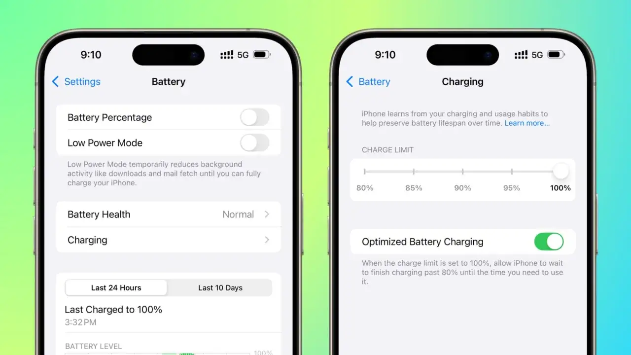 Tv&aring; iPhones visar inst&auml;llningar f&ouml;r batteri. En visar 