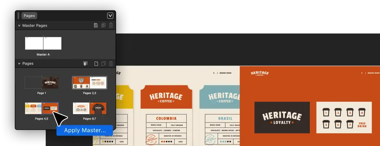 Affinity Publisher visar sidpanelen med sidval och mallar. En muspekare pekar på