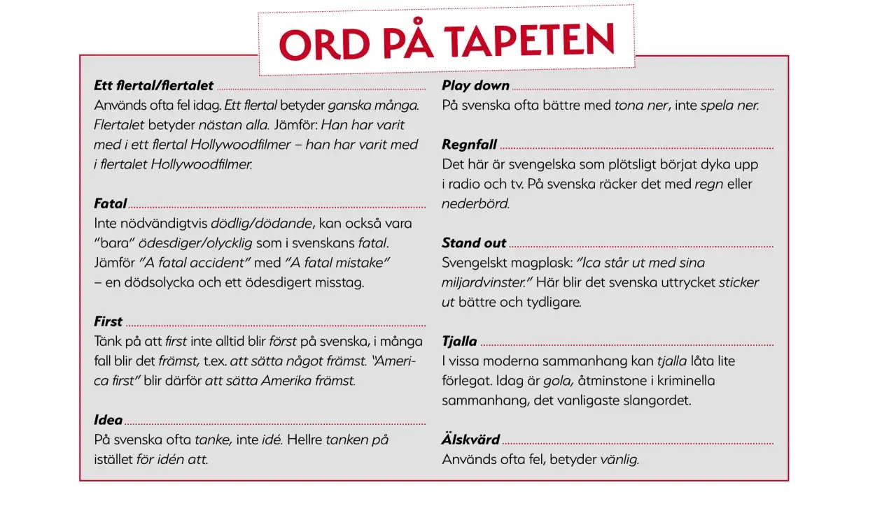 En sida med ord och f&ouml;rklaringar, som en ordlista f&ouml;r att testa typsnitt.