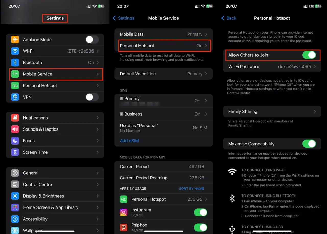 iPhone-inställningar visar hur du aktiverar din hotspot för att dela internet.