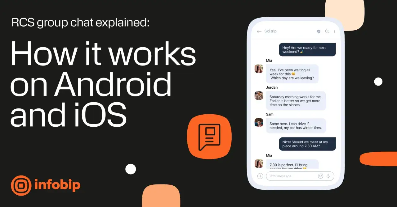 Bilden visar hur man kan skapa grupp-SMS med RCS på Android och iOS. En chattkonversation planerar en skidresa.