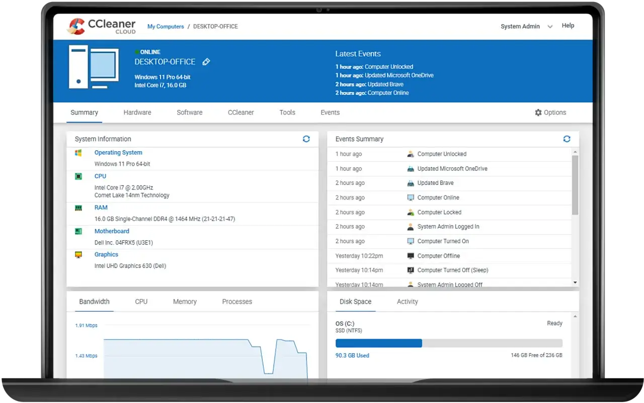 CCleaner-gränssnitt visar systeminformation, senaste händelser och diskutrymme. Datorn kör Windows 11 Pro med Intel Core i7.
