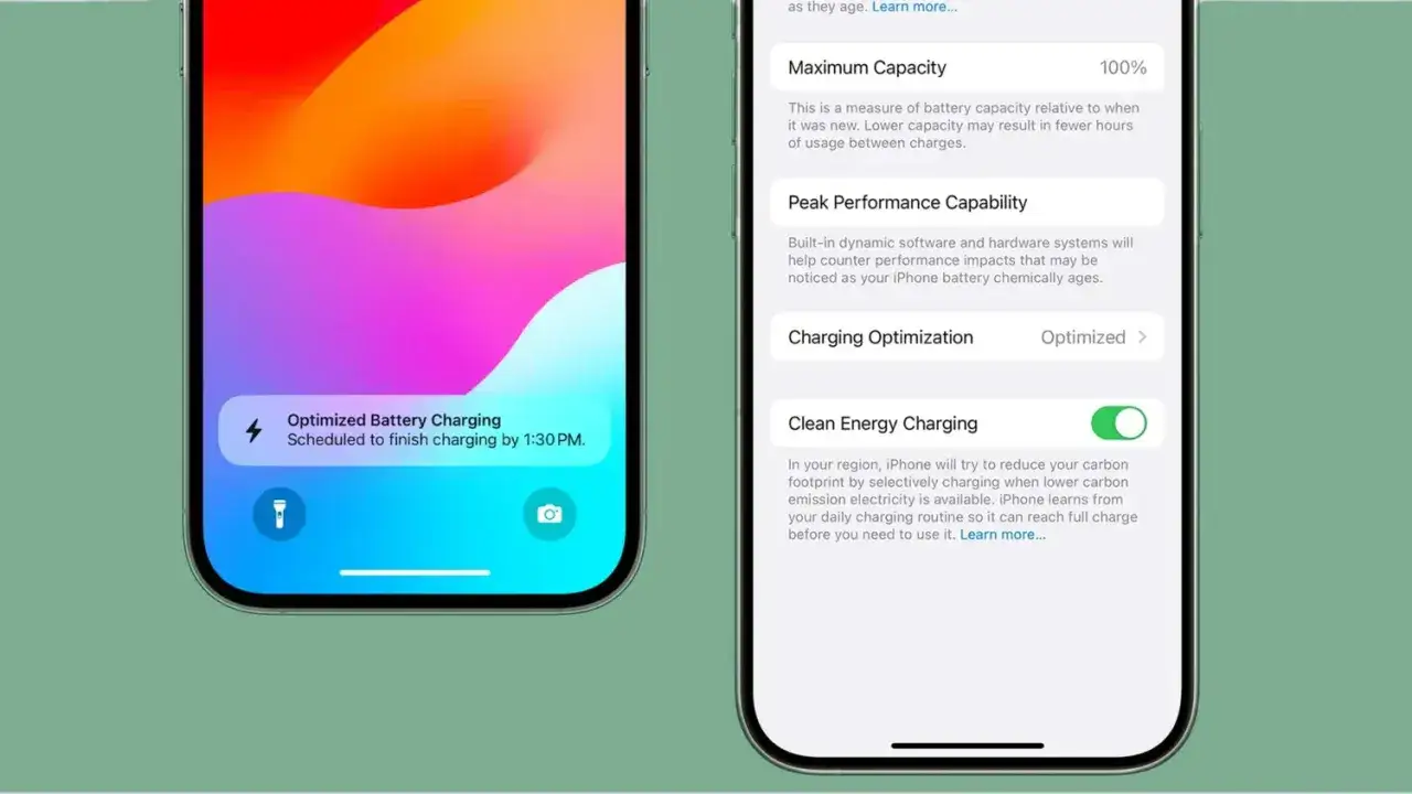 Tv&aring; iPhones visar inst&auml;llningar f&ouml;r optimerad batteriladdning och ren energi-laddning.