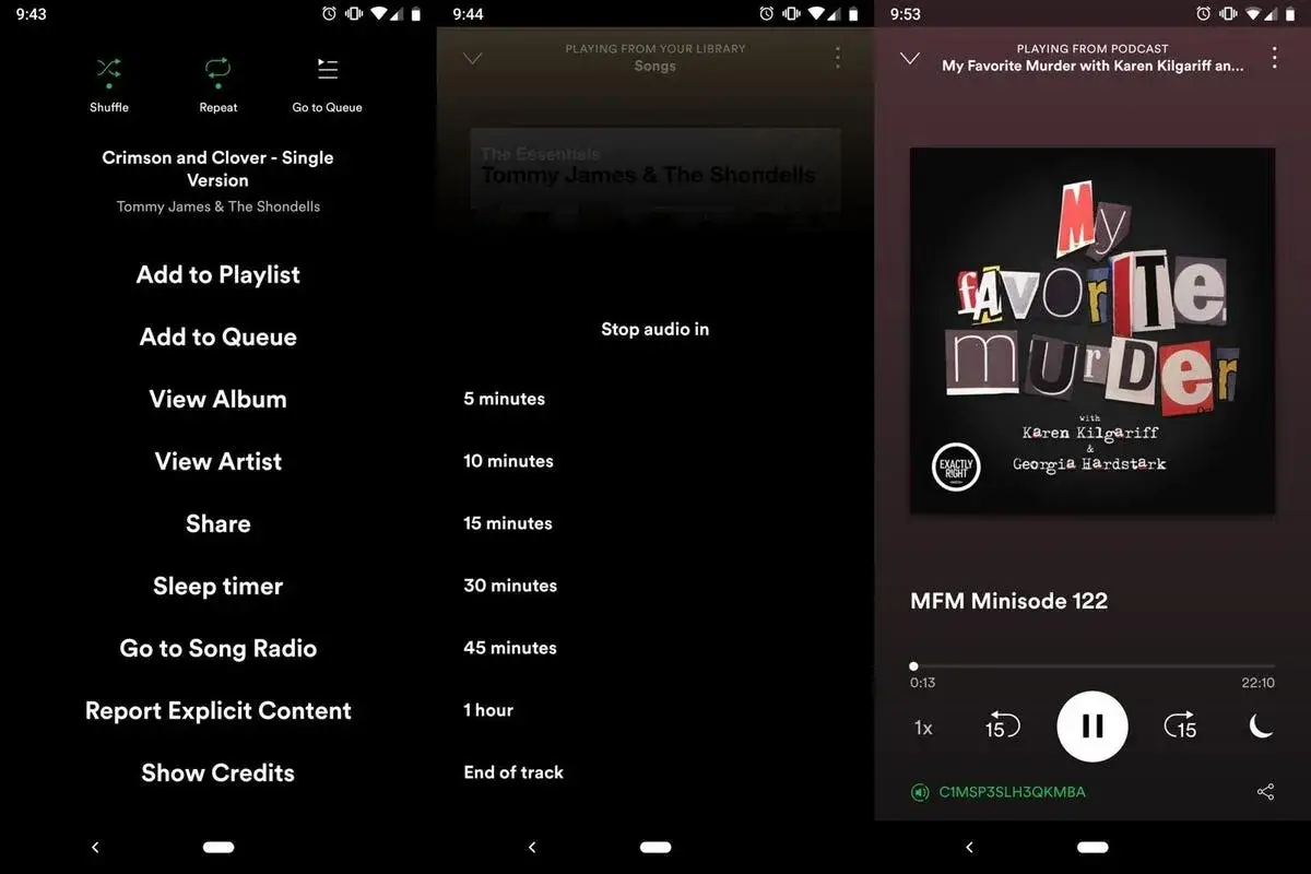 Spotify visar alternativ f&ouml;r insomningstimer, som 30 minuter, f&ouml;r att tysta ljudet.