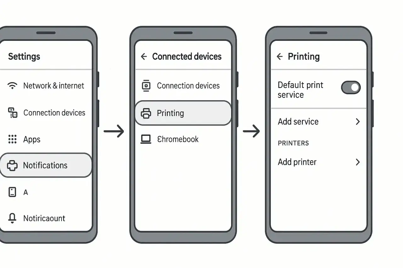 Inst&auml;llningar f&ouml;r att skriva ut fr&aring;n mobilen: G&aring; till Anslutna enheter och sedan Skriv ut.