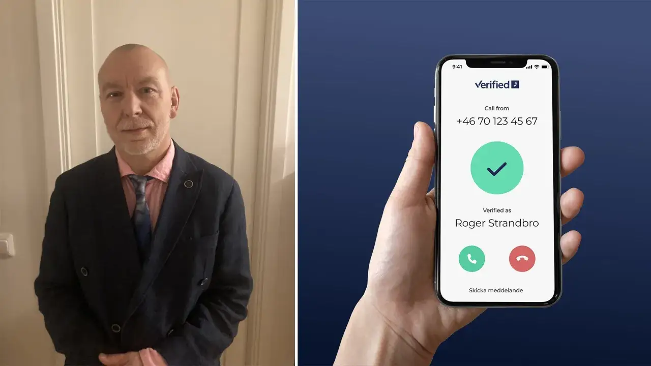 Man i kostym. Telefon visar verifierat samtal fr&aring;n Roger Strandbro, f&ouml;r att undvika att spoofa telefonnummer.
