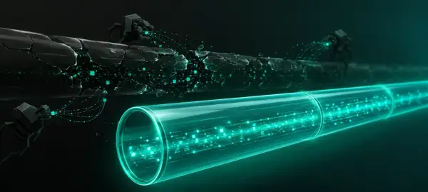 Små robotar attackerar en trasig datakabel, medan en lysande grön tub skyddar data. Detta illustrerar hur vpn betyder säkerhet och skydd för din information.