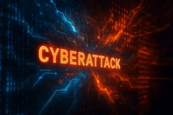 Glödande text "CYBERATTACK" mot en bakgrund av binär kod och kretskort. Detta illustrerar vad som kan hända vid en cyberattack.