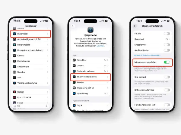 Ikoner visar inställningar för iOS 19, med fokus på "Minska genomskinlighet" för bättre läsbarhet.