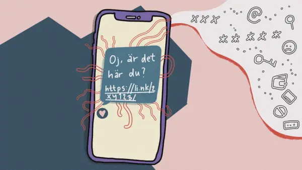 En mobiltelefon visar ett meddelande: "Oj, är det här du?". En länk syns i meddelandet, som om det vore en messenger på datorn.