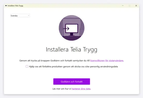 Installerar Telia Trygg. Välj språk och godkänn villkoren för att fortsätta installationen av telia appen.
