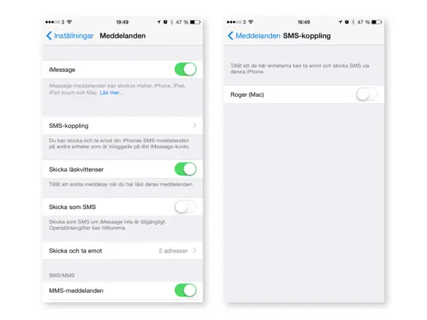 Inställningar för att skicka sms från datorn via SMS-koppling. Aktivera SMS-koppling för att skicka och ta emot meddelanden på andra enheter.