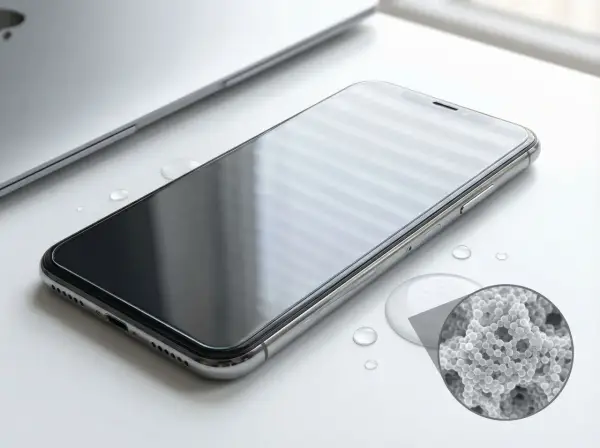 En smartphone med en skärmskydd som stöter bort vatten. En närbild visar hur små partiklar skapar en yta som liknar flytande glas.