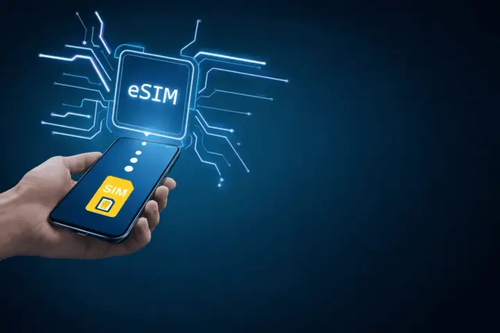 En hand håller en mobil med en eSIM-ikon. En digital krets med texten "eSIM" lyser upp. Telenor eSIM är framtiden.