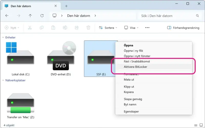 Aktivera BitLocker för att kryptera USB-minne eller annan enhet. Säkerhetskopiera dina filer.