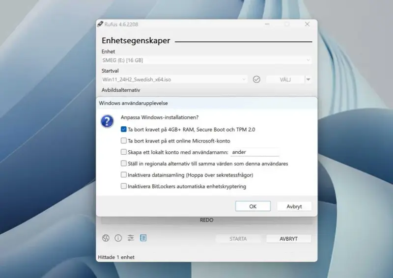 Rufus-fönster som anpassar installationen av Windows 10 eller 11, tar bort krav på RAM, Secure Boot och TPM.