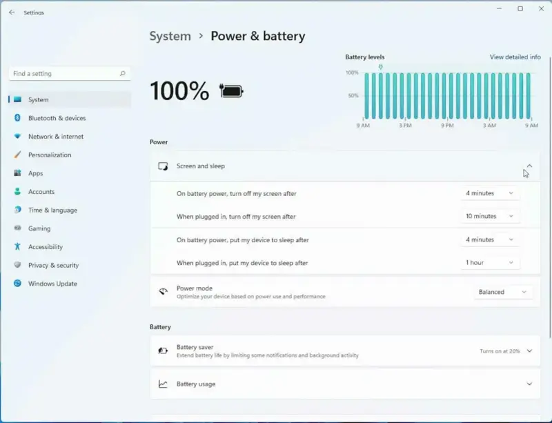 Windows 11 kontrollpanelen visar inställningar för ström och batteri, inklusive skärm- och vilotider samt batterisparläge.
